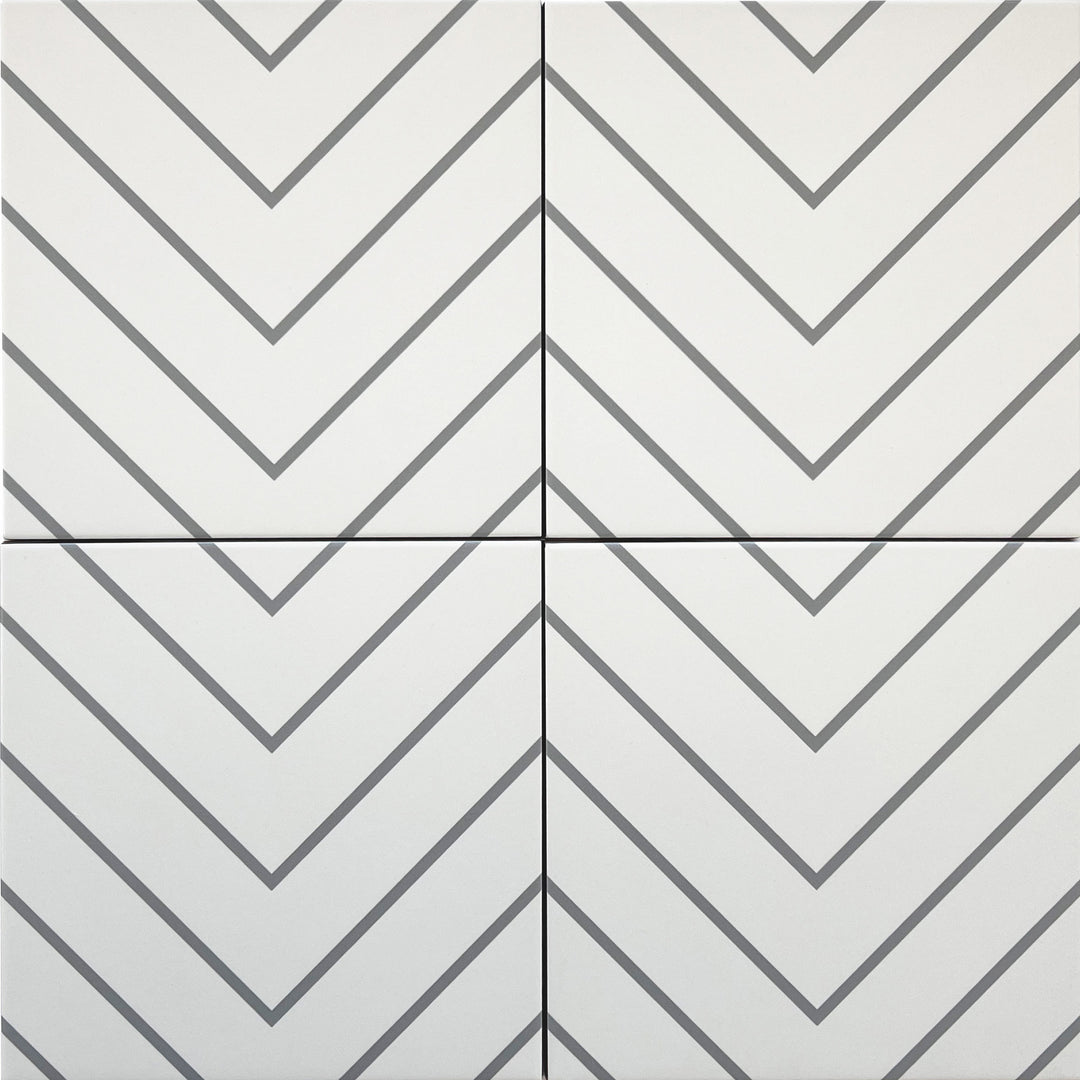 Bird's eye view showcasing the white with grey studio tile, sized 8x8, with a textured coating that enhances its soft undertone.