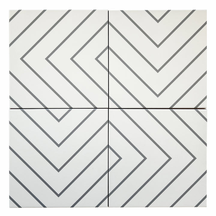 A bright and balanced interior with Studio White With Grey 8x8 matte porcelain tiles, blending neutral tones for a modern and inviting atmosphere.