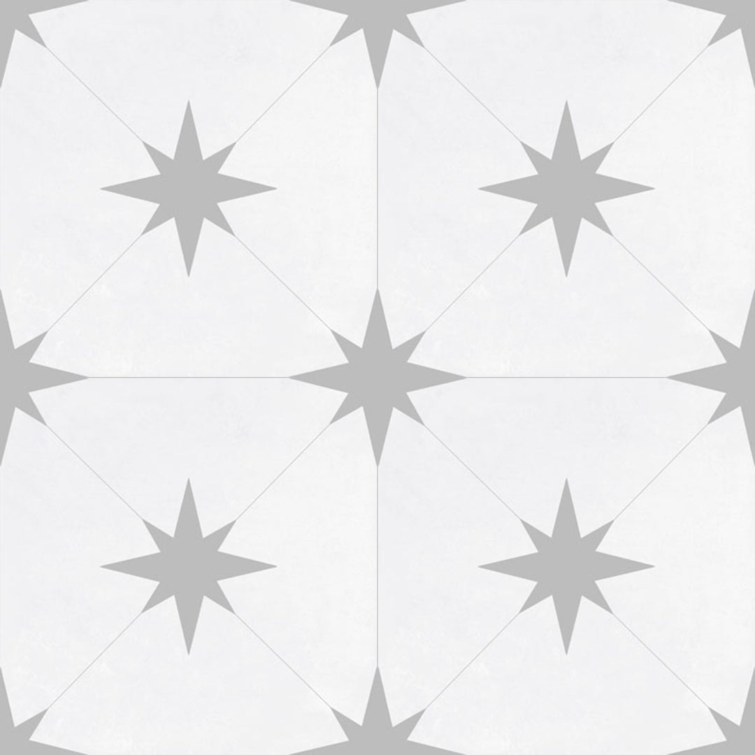 Top angle showcasing the llevant grey starburst tile, sized 8.7x8.7, with a glossy finish that enhances its vivid tint.