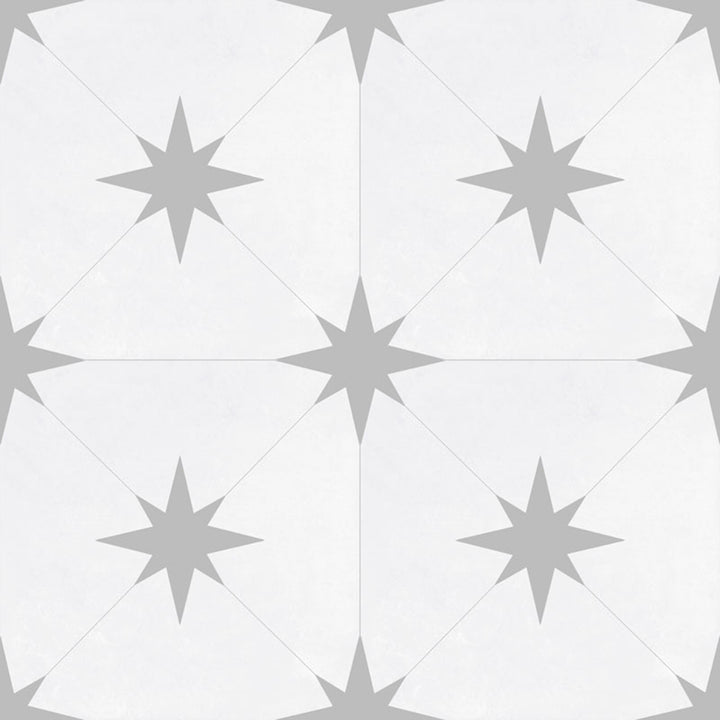 Top angle showcasing the llevant grey starburst tile, sized 8.7x8.7, with a glossy finish that enhances its vivid tint.