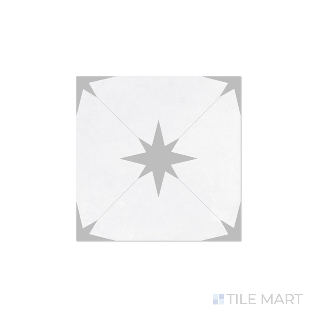 An angled look at the llevant grey starburst tile, highlighting its textured coating and the boldness of its warm hue.