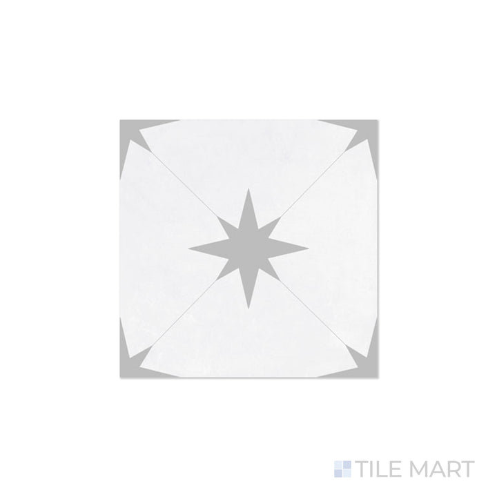 An angled look at the llevant grey starburst tile, highlighting its textured coating and the boldness of its warm hue.