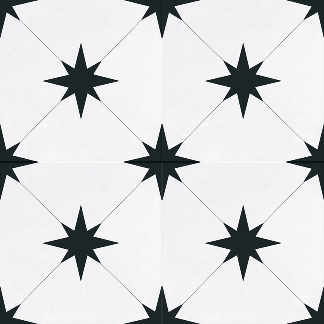 Top angle showcasing the llevant black starburst tile, sized 8.7x8.7, with a reflective sheen that enhances its deep shade.