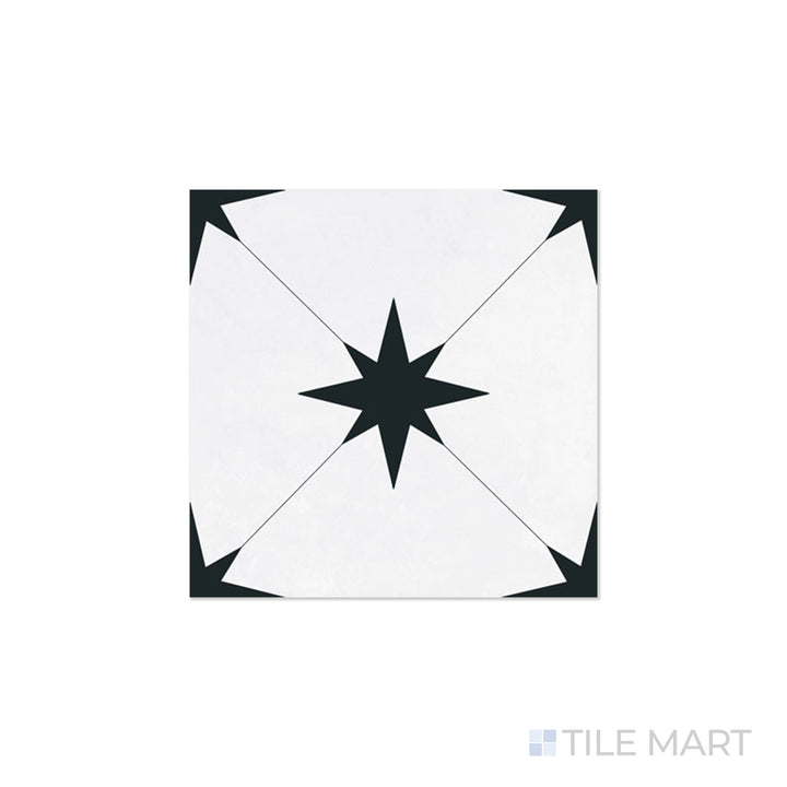 An angled look at the llevant black starburst tile, highlighting its smooth glaze and the boldness of its vivid tint.