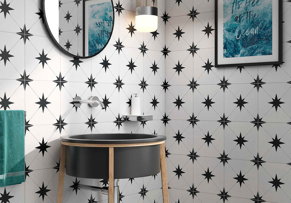 A modern space, featuring llevant black starburst tile with a matte texture, offering a clean and contemporary feel.
