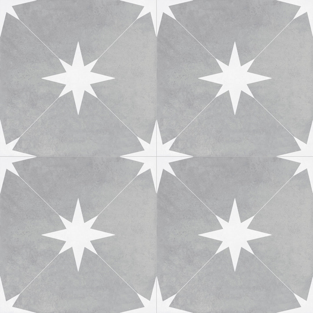 Aerial shot showcasing the ponent grey starburst tile, sized 8.7x8.7, with a reflective sheen that enhances its warm hue.