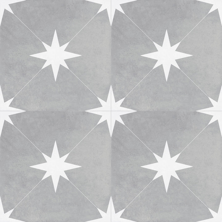 Aerial shot showcasing the ponent grey starburst tile, sized 8.7x8.7, with a reflective sheen that enhances its warm hue.