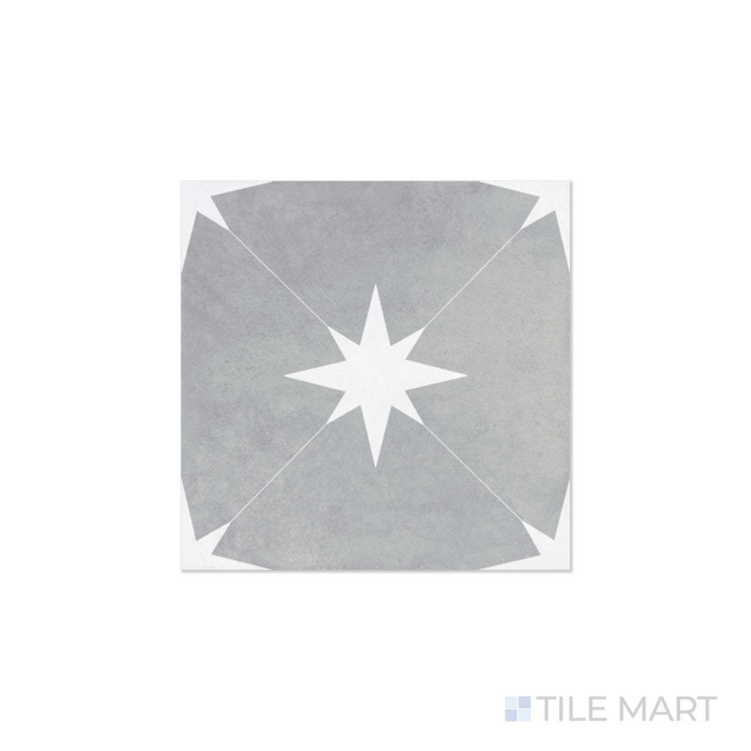 An angled look at the ponent grey starburst tile, highlighting its glossy finish and the boldness of its rich pigment.