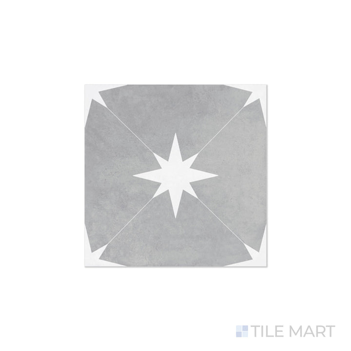 An angled look at the ponent grey starburst tile, highlighting its glossy finish and the boldness of its rich pigment.