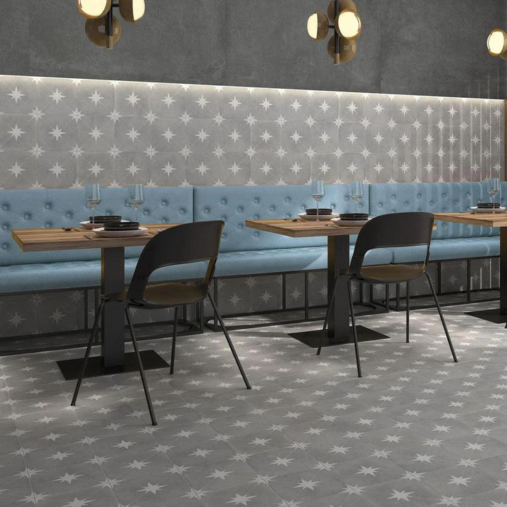 A modern space, featuring ponent grey starburst tile with a matte texture, enhancing the overall ambiance.