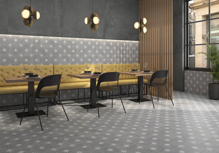 A sleek matte finish and subtle grey tones give Starburst Ponent Grey 9x9 porcelain a contemporary and refined appeal.