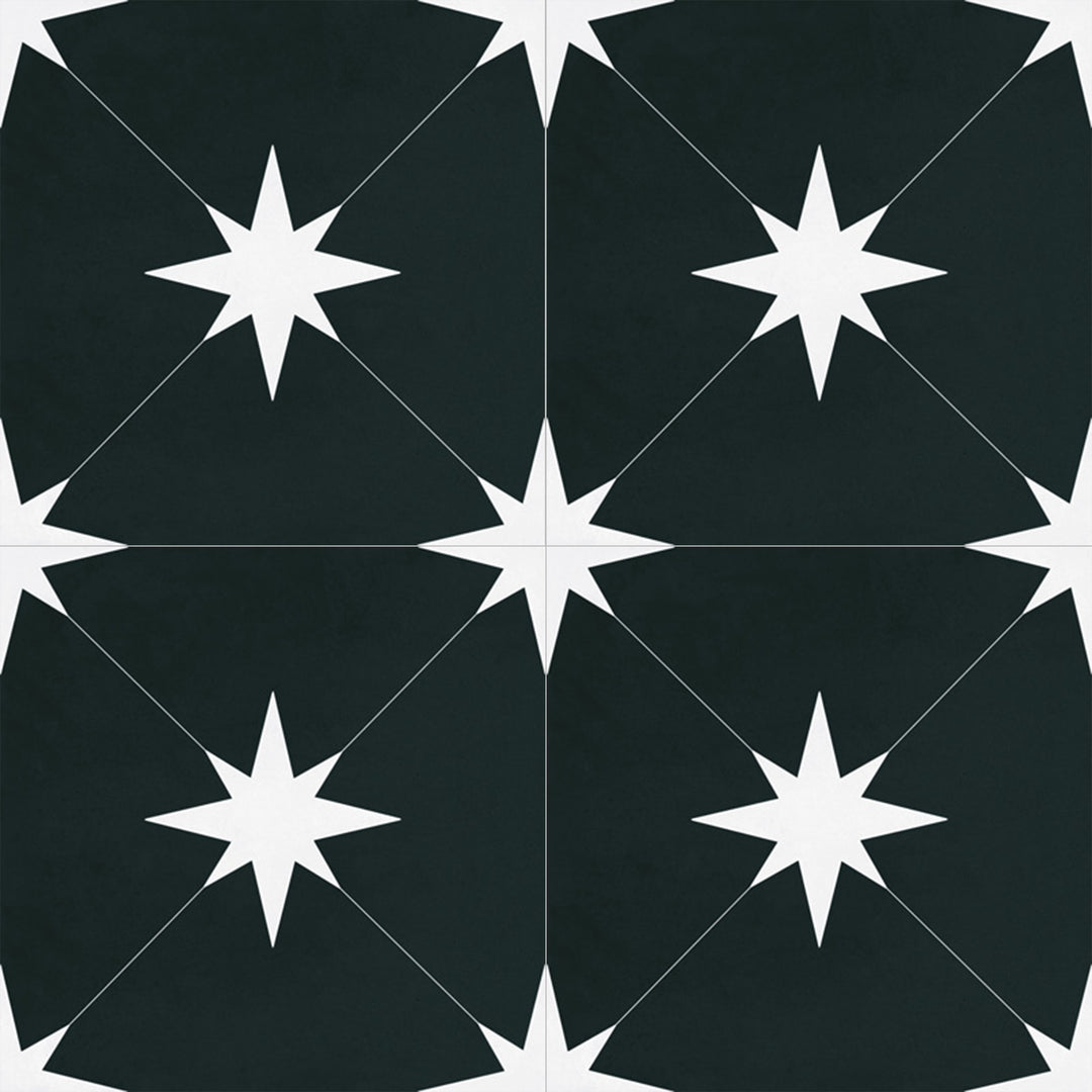 Above shot showcasing the ponent black starburst tile, sized 8.7x8.7, with a glossy finish that enhances its rich pigment.