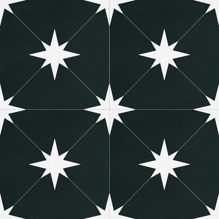 Above shot showcasing the ponent black starburst tile, sized 8.7x8.7, with a glossy finish that enhances its rich pigment.