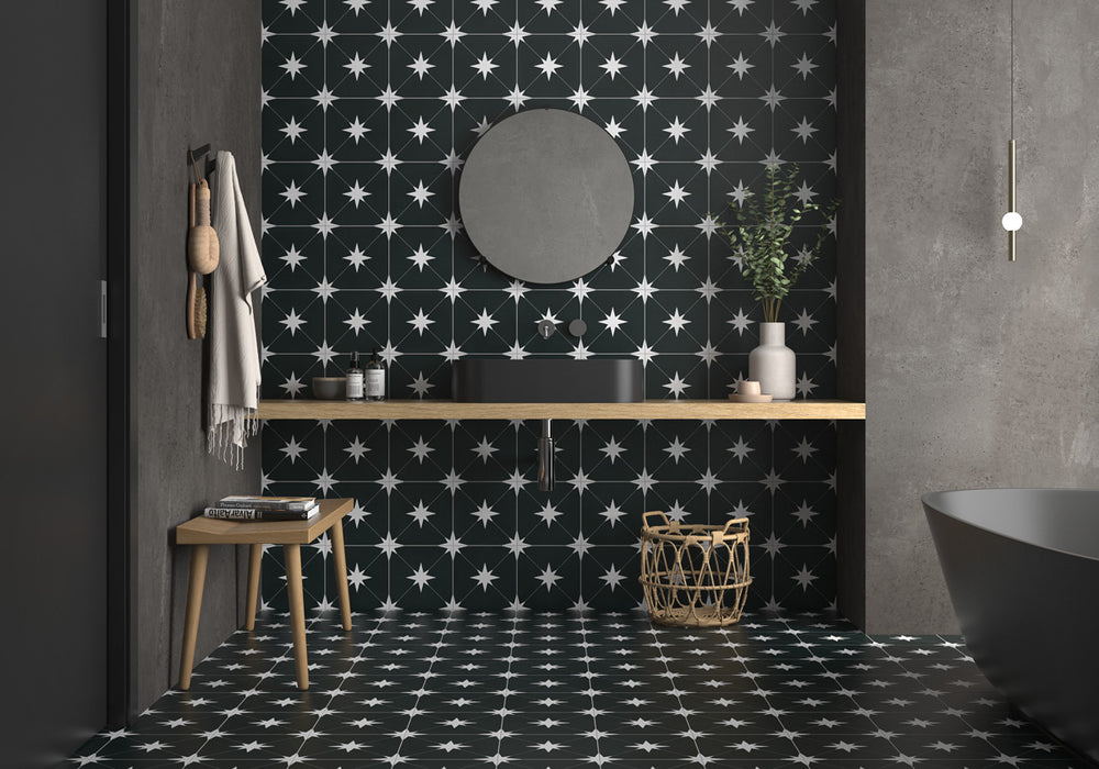 A modern space, featuring ponent black starburst tile with a matte texture, enhancing the overall ambiance.