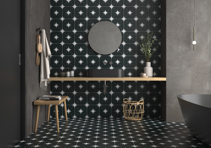 A modern space, featuring ponent black starburst tile with a matte texture, enhancing the overall ambiance.