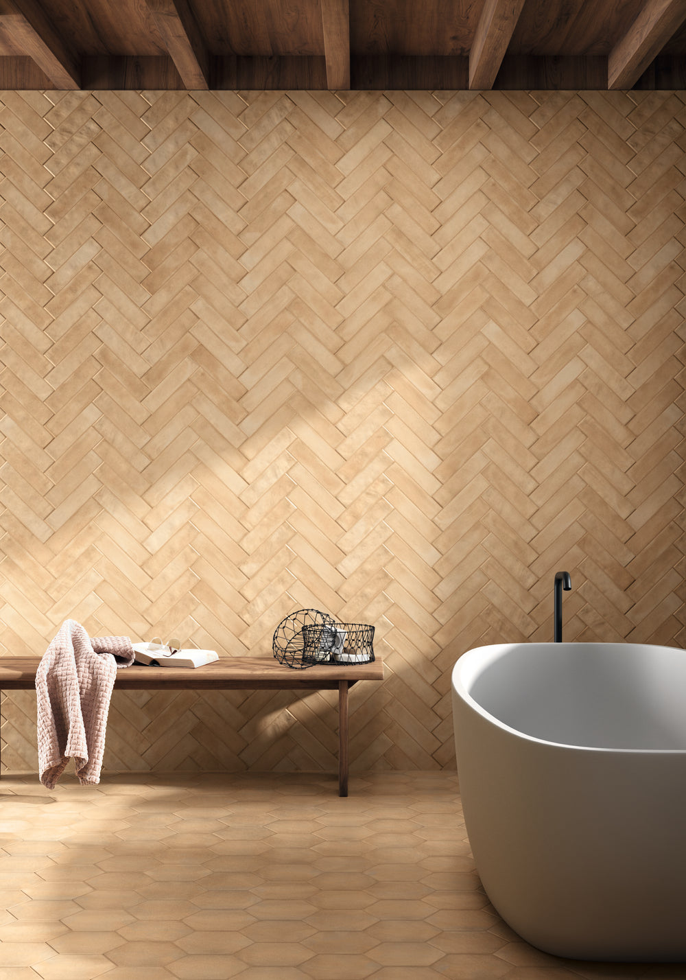 A room scene, featuring rectangle sand clay tile with a matte texture, adding a modern touch to the space.
