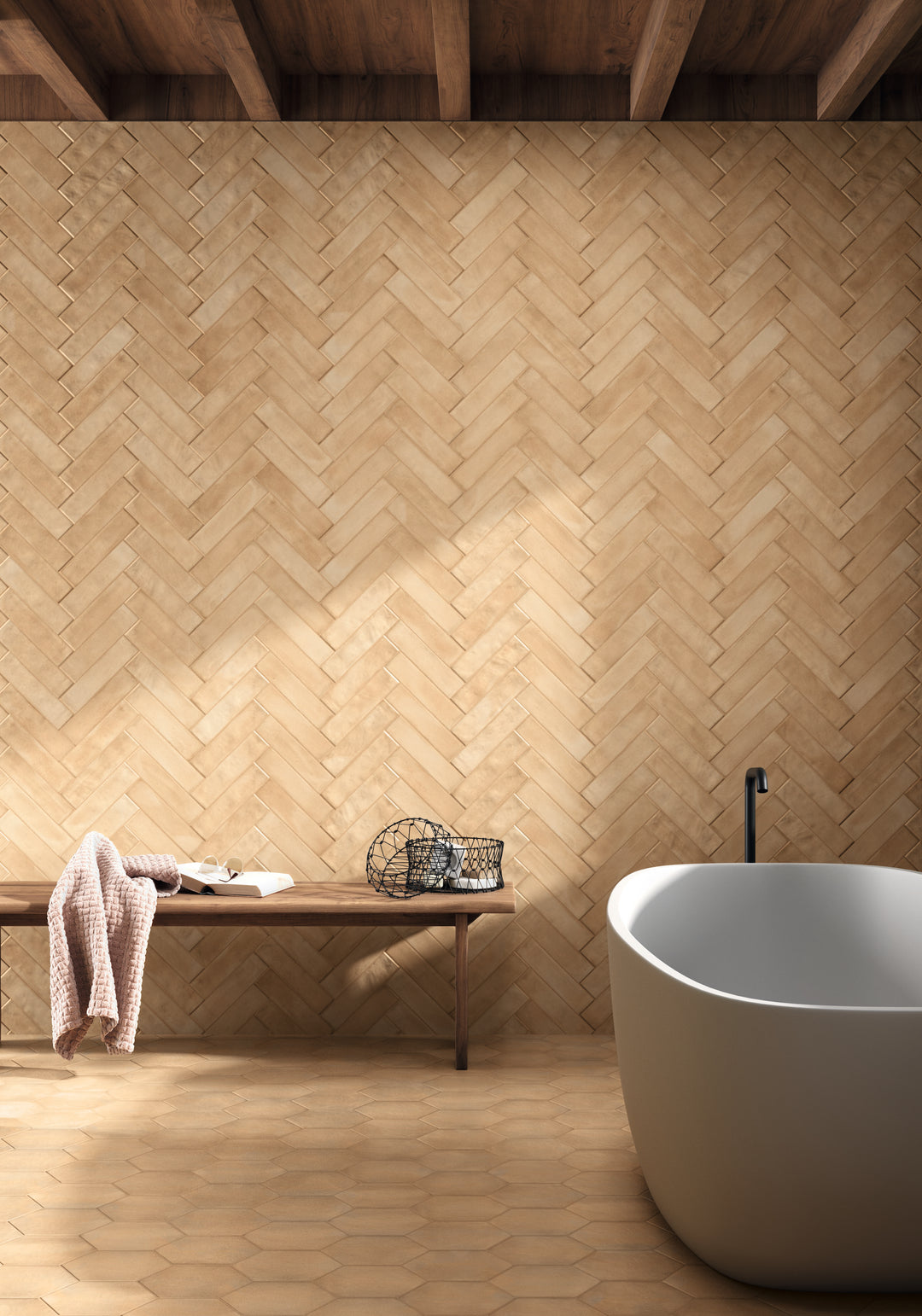 A room scene, featuring rectangle sand clay tile with a matte texture, adding a modern touch to the space.