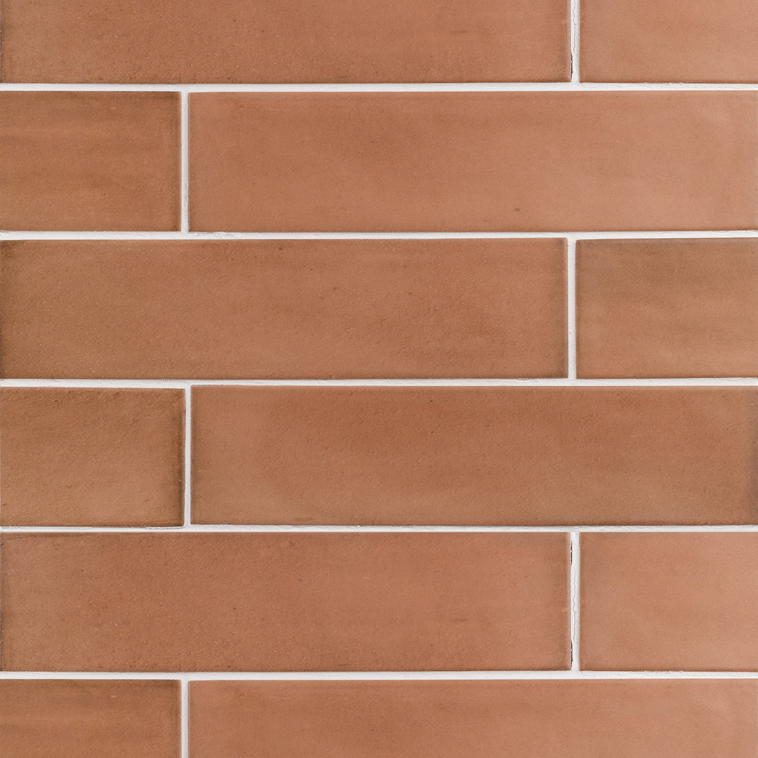 Top angle showcasing the rectangle brick clay tile, sized 2.5x10, with a matte surface that enhances its soft undertone.