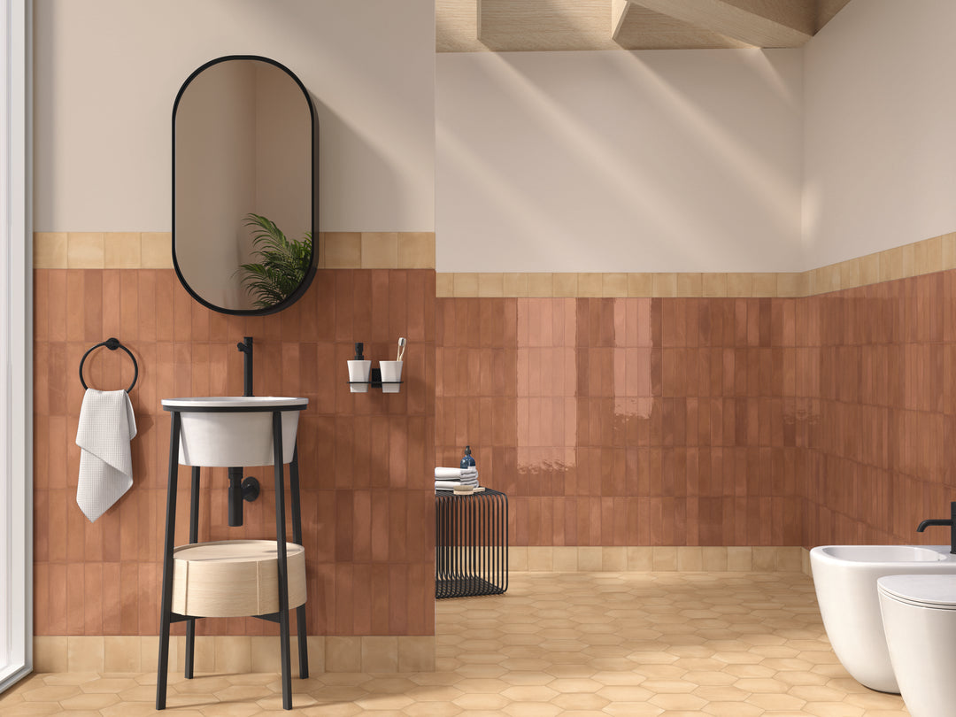 A room scene, featuring hex sand clay tile with a matte texture, enhancing the overall ambiance.