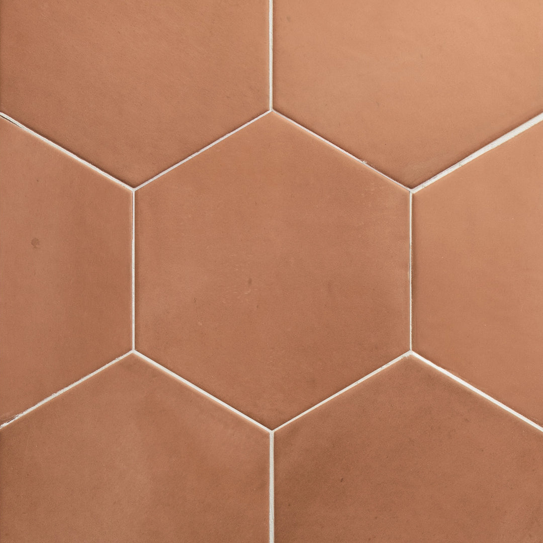 Aerial shot showcasing the hex brick clay tile, sized 7x8, with a matte surface that enhances its deep shade.