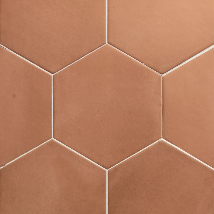 Aerial shot showcasing the hex brick clay tile, sized 7x8, with a matte surface that enhances its deep shade.
