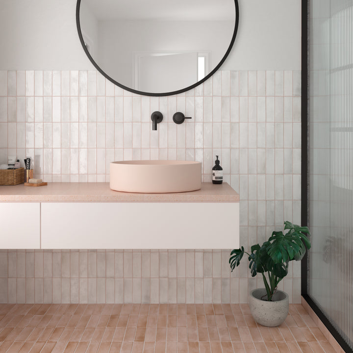 A room scene, featuring white soco tile with a glossy texture, complementing the design with elegance.