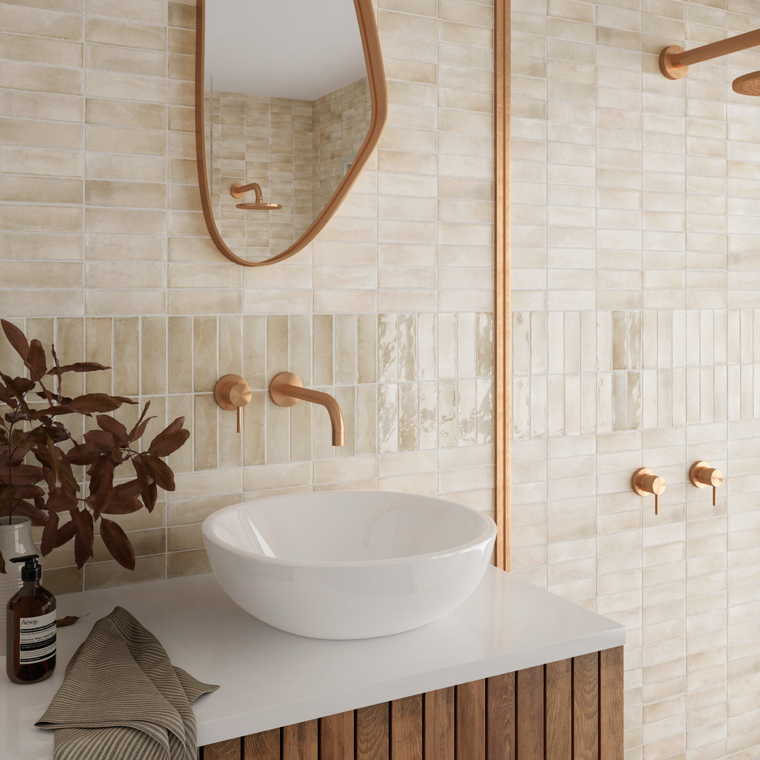 A warm beige matte porcelain tile, Soco Beige 2x6 offers subtle texture and natural elegance.