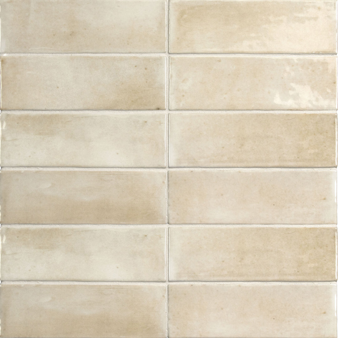 Flat perspective showcasing the beige soco tile, sized 2x6, with a smooth glaze that enhances its deep shade.