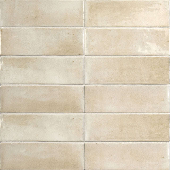 Flat perspective showcasing the beige soco tile, sized 2x6, with a smooth glaze that enhances its deep shade.