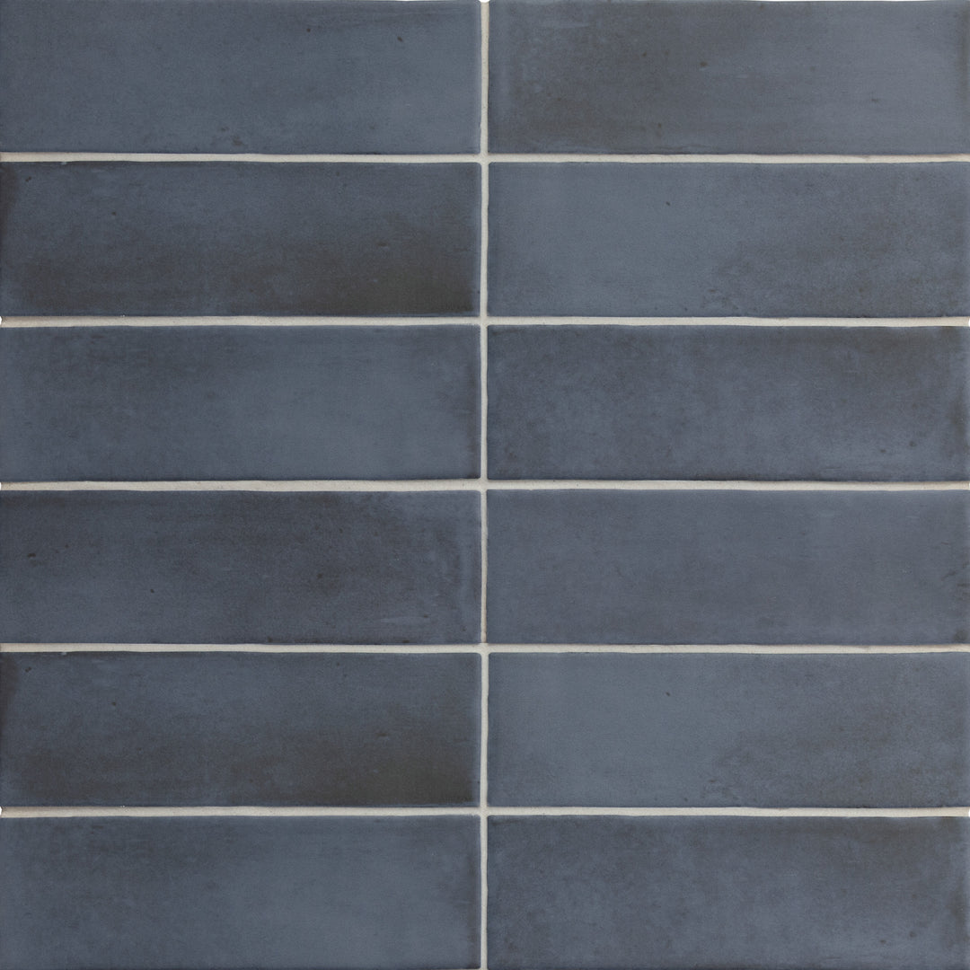 Above shot showcasing the blue soco tile, sized 2x6, with a matte surface that enhances its rich pigment.