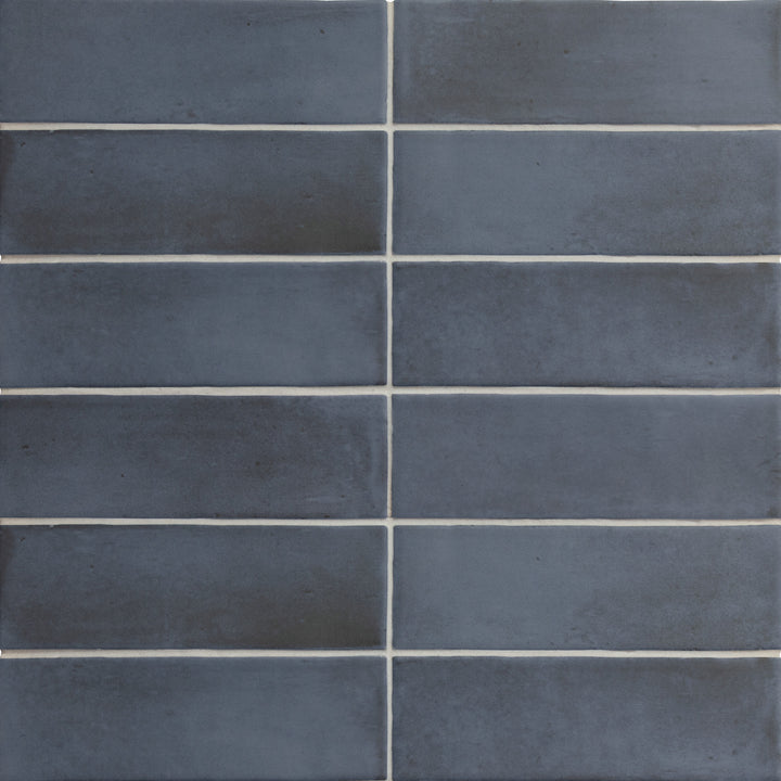 Above shot showcasing the blue soco tile, sized 2x6, with a matte surface that enhances its rich pigment.