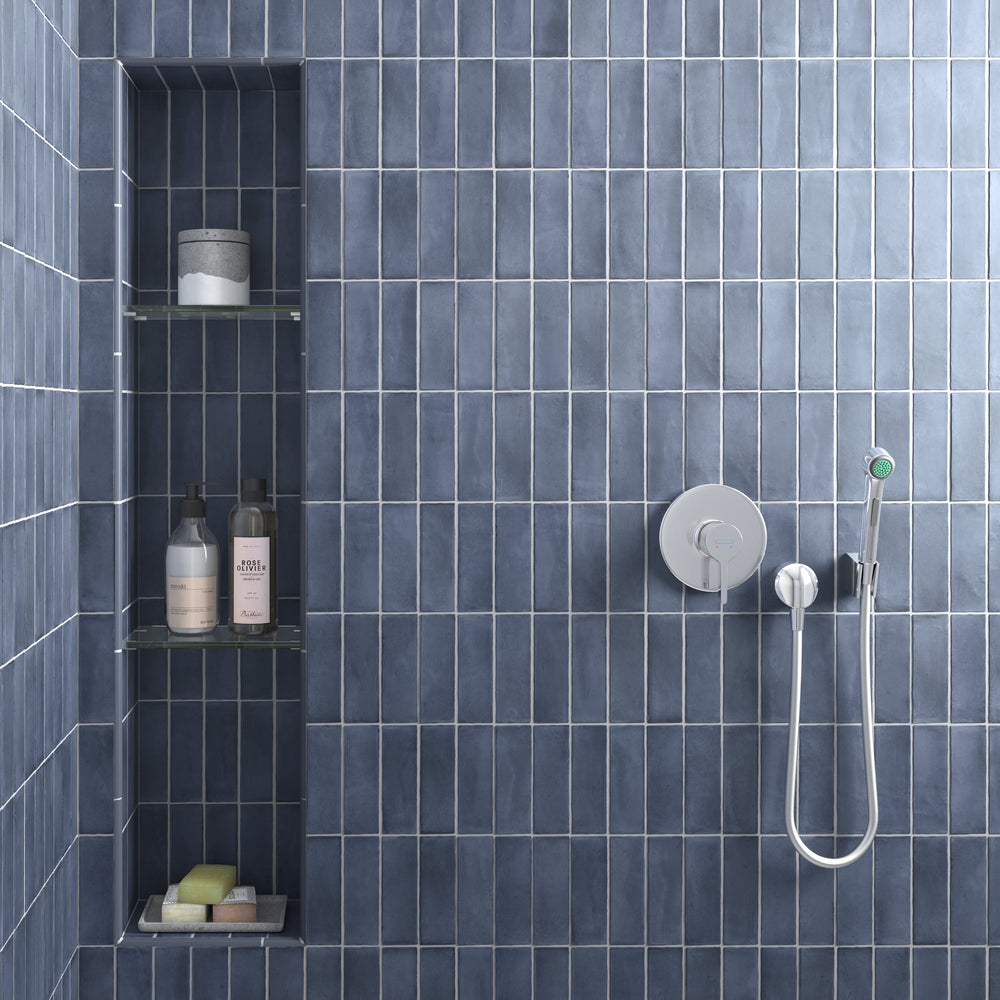 A room scene, featuring blue soco tile with a matte texture, bringing a sleek look to the room.