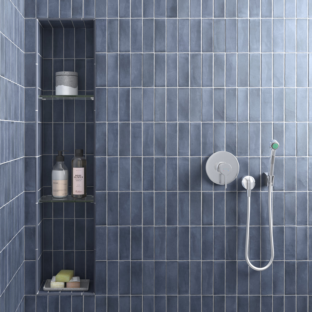 A room scene, featuring blue soco tile with a matte texture, bringing a sleek look to the room.