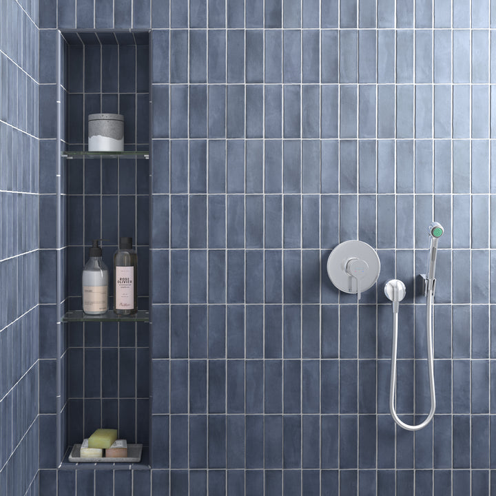 A room scene, featuring blue soco tile with a matte texture, bringing a sleek look to the room.