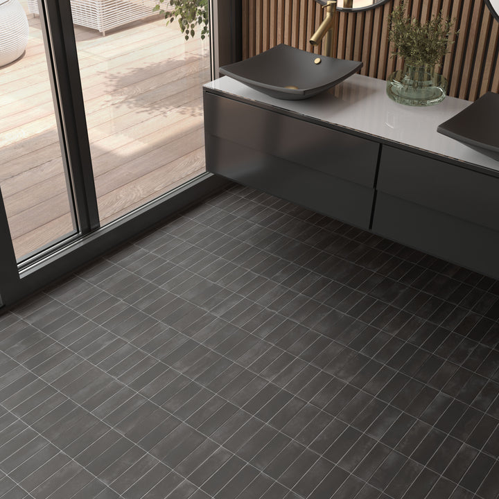 A lifestyle setting, featuring black soco tile with a matte texture, enhancing the overall ambiance.