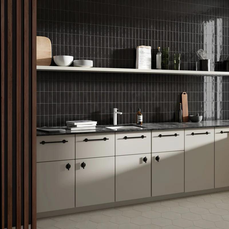 A room scene, featuring black soco tile with a glossy texture, offering a clean and contemporary feel.