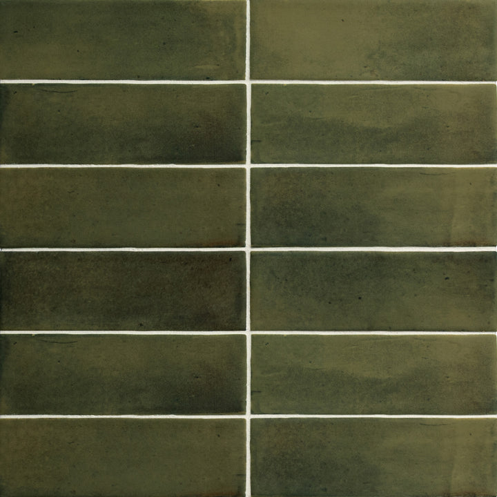 Aerial shot showcasing the green soco tile, sized 2x6, with a reflective sheen that enhances its deep shade.