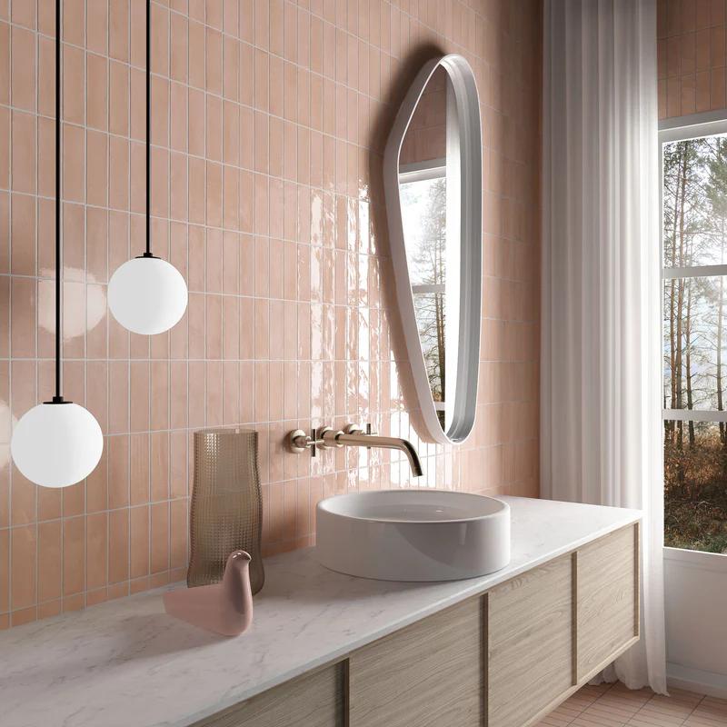A contemporary decor, featuring pink soco tile with a glossy texture, complementing the design with elegance.