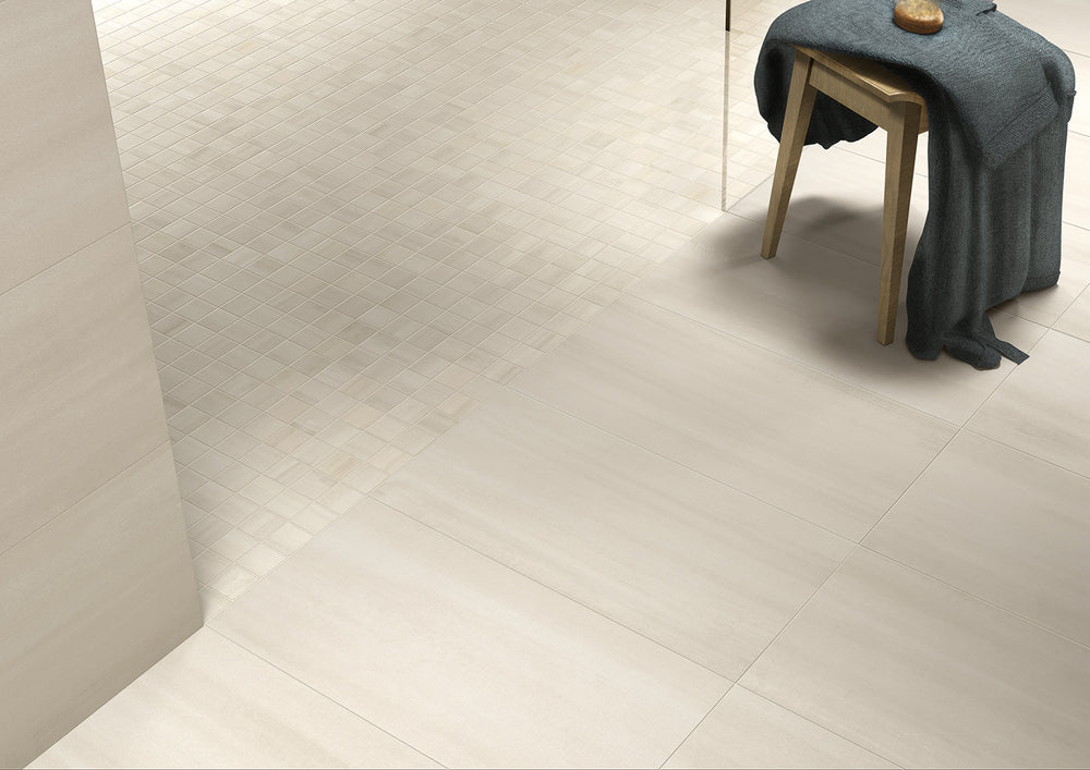 A contemporary decor, featuring ivory flow tile with a matte texture, complementing the design with elegance.