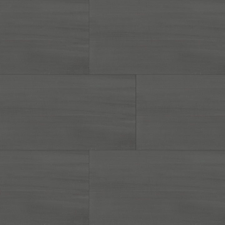 Bird's eye view showcasing the dark gray flow tile, sized 11.75x23.5, with a smooth glaze that enhances its rich pigment.
