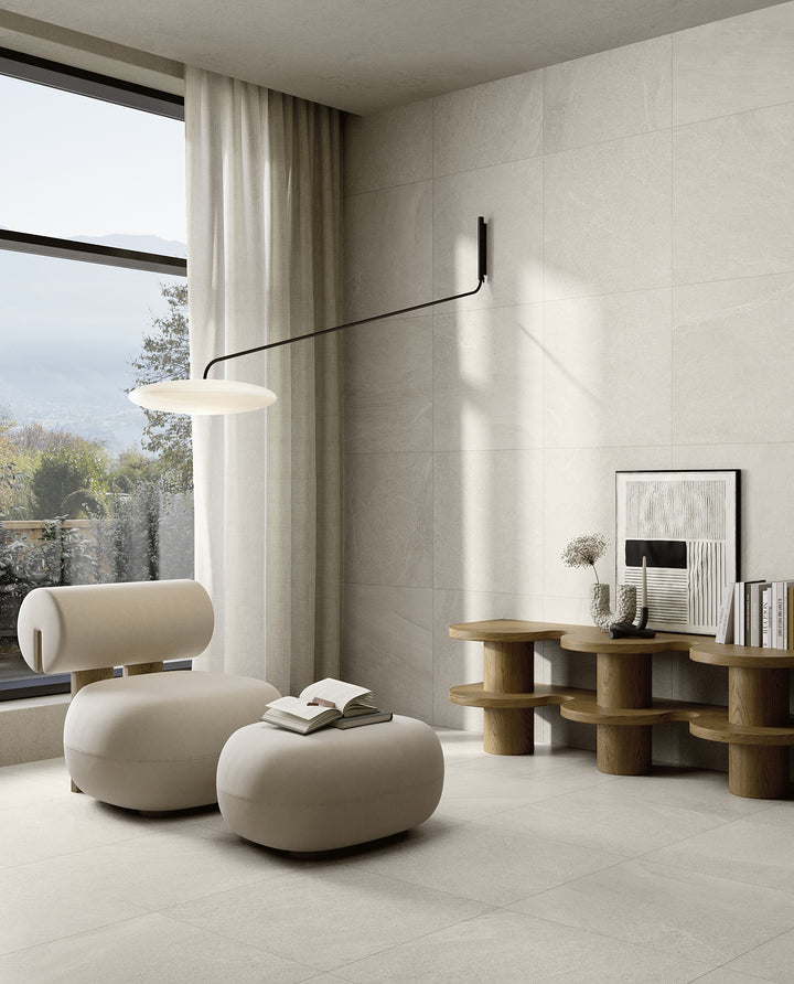 A contemporary decor, featuring white boston tile with a matte texture, enhancing the overall ambiance.