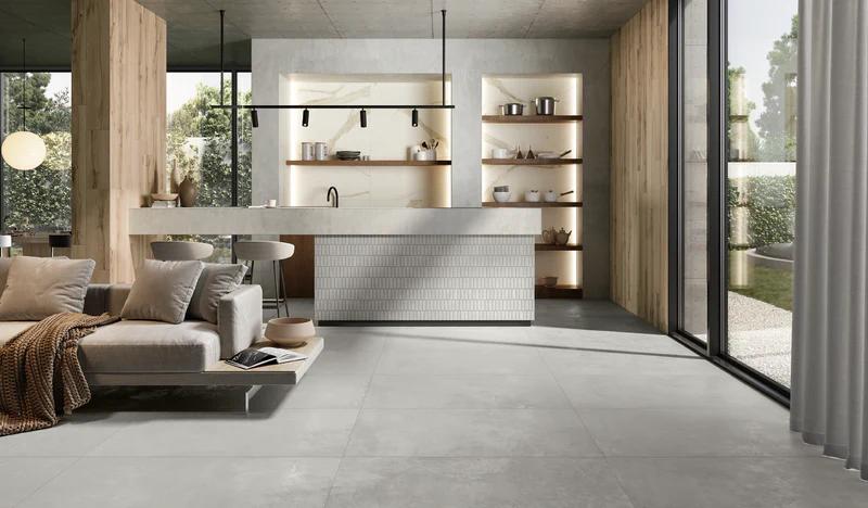 Essential Gray 12X24 matte porcelain tile adds understated elegance with its soft neutral tones.