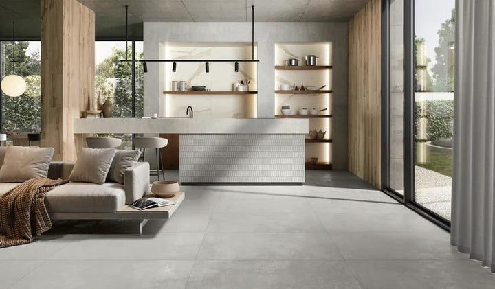 Essential Gray 12X24 matte porcelain tile adds understated elegance with its soft neutral tones.