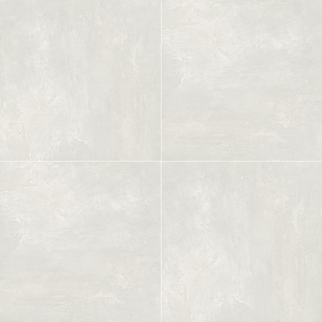 Aerial shot showcasing the white essential tile, sized 24x24, with a reflective sheen that enhances its vivid tint.