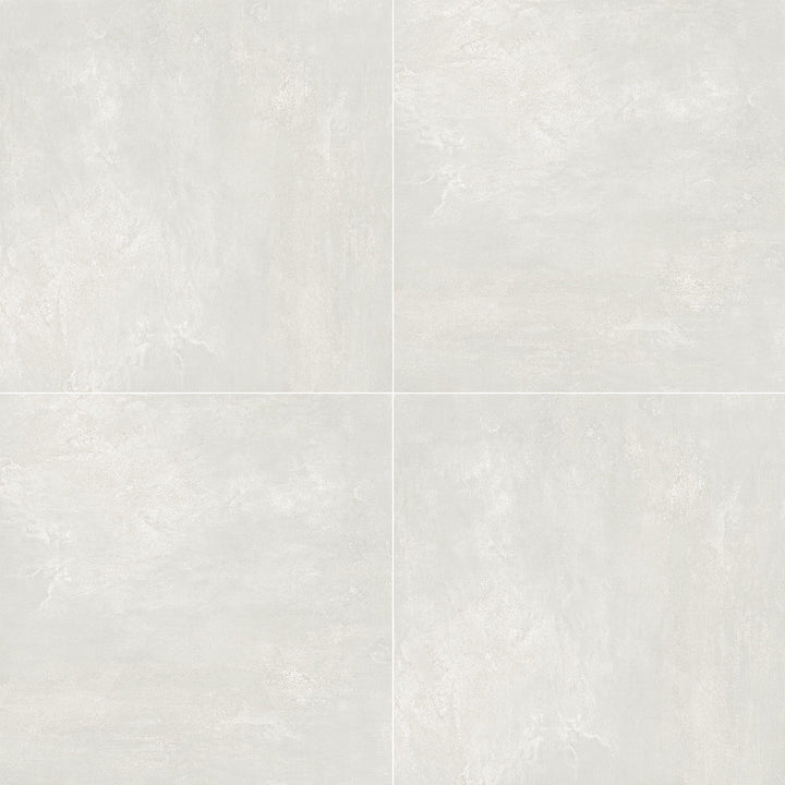 Aerial shot showcasing the white essential tile, sized 24x24, with a reflective sheen that enhances its vivid tint.