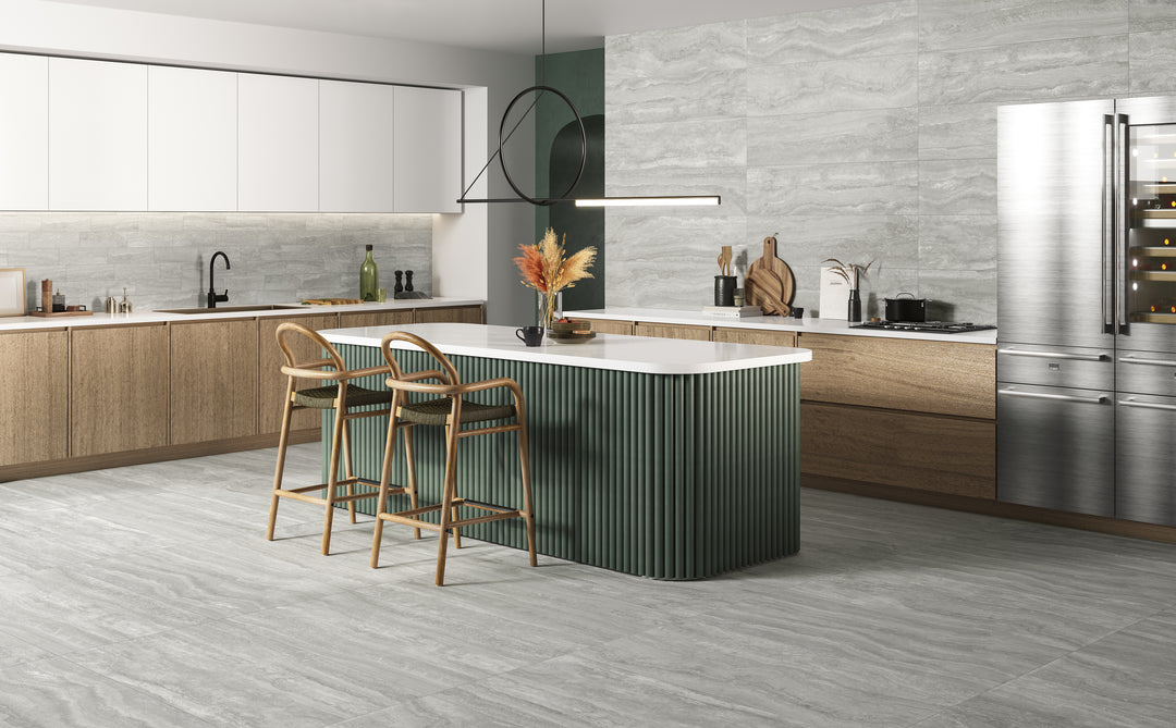 Navo Grigio 12X24 matte porcelain tile enhances spaces with cool, neutral tones, perfect for sleek, modern designs.