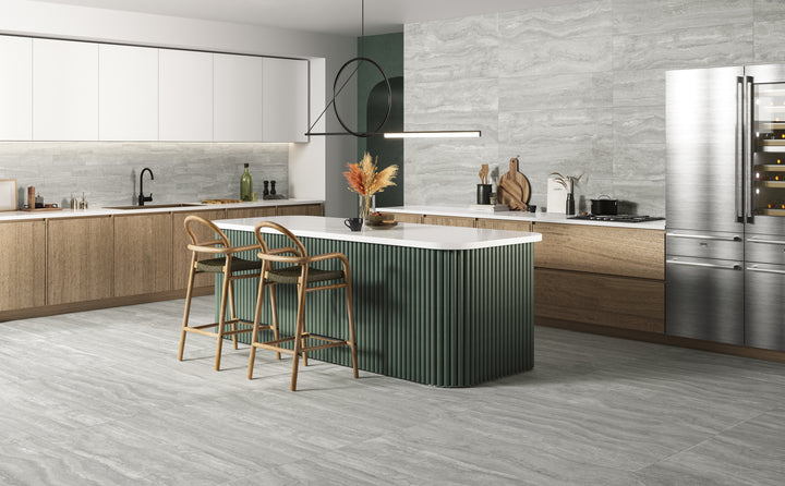 Navo Grigio 12X24 matte porcelain tile enhances spaces with cool, neutral tones, perfect for sleek, modern designs.