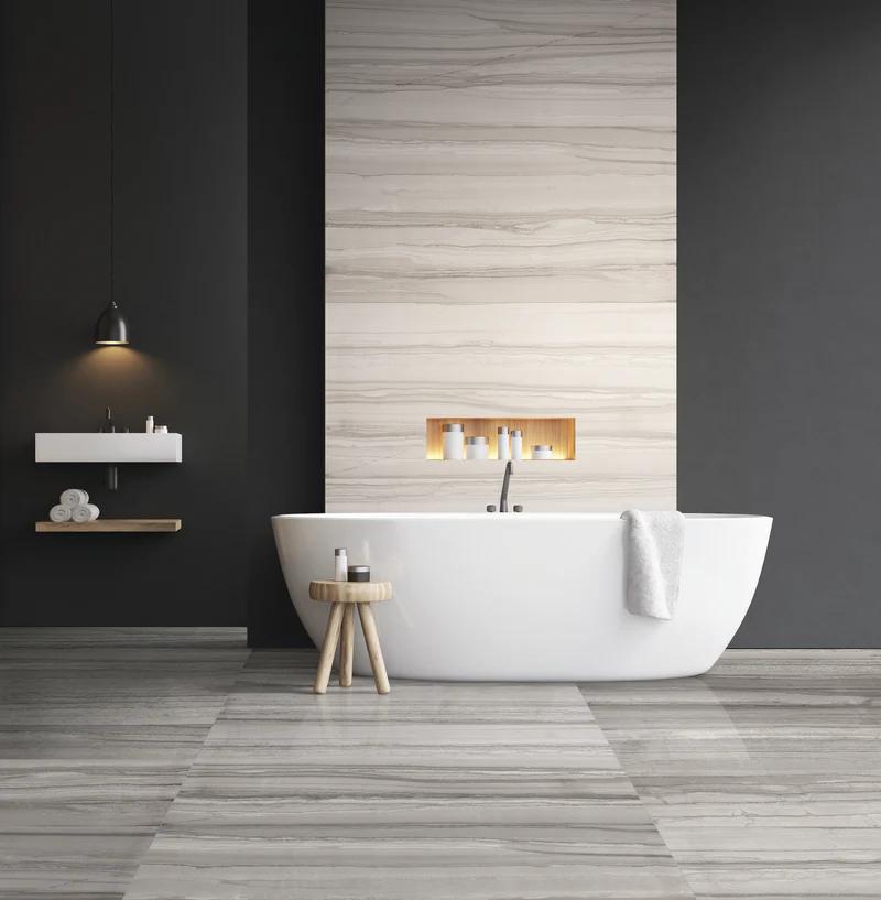 Create a bold, modern look with Demira Dark Grey 12X24 polished porcelain tile, offering depth and sophistication.