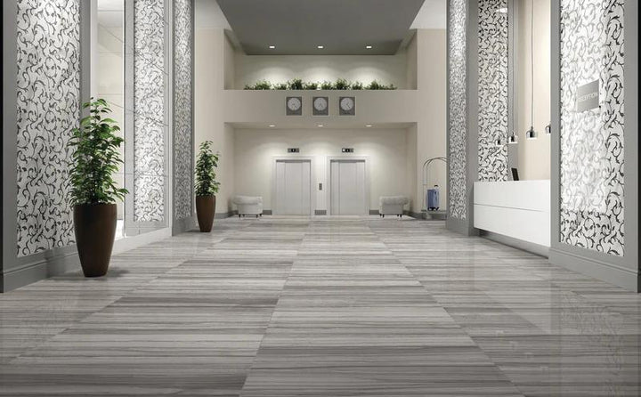 Deep grey hues and a glossy porcelain surface give Demira Dark Grey 12x24 a bold yet sophisticated appeal.