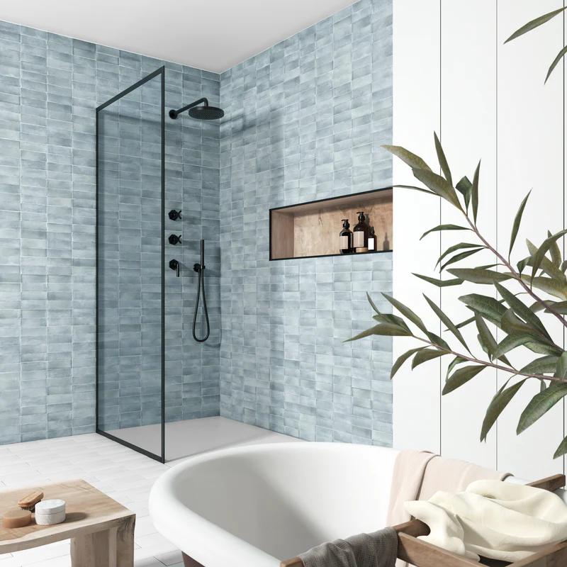 A soft light blue with a matte porcelain finish, Soco Light Blue 2x6 brings a fresh and calming touch to the space.